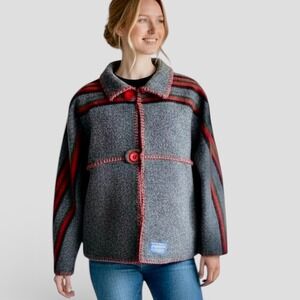 Pendleton Handcrafted Wool Blanket Bog Jacket Red Green Stripe Oversized | XL